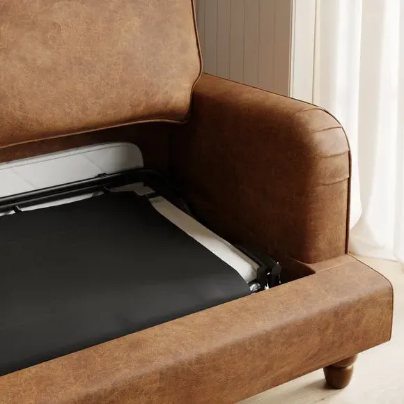 Sofa Bed with Pull-Out - Tan, Faux Leather