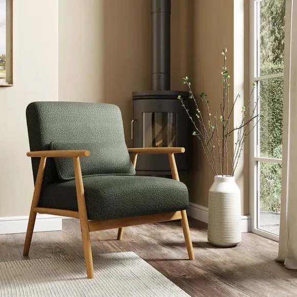 Spindle Accent Chair with Arms - Olive, Boucle