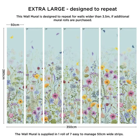 Spring Flowers Wall Mural - Duck Egg, Non-Woven