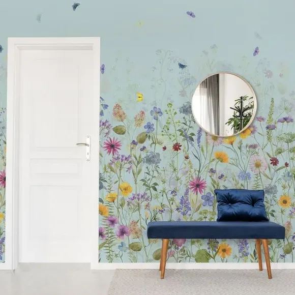 Spring Flowers Wall Mural - Duck Egg, Non-Woven