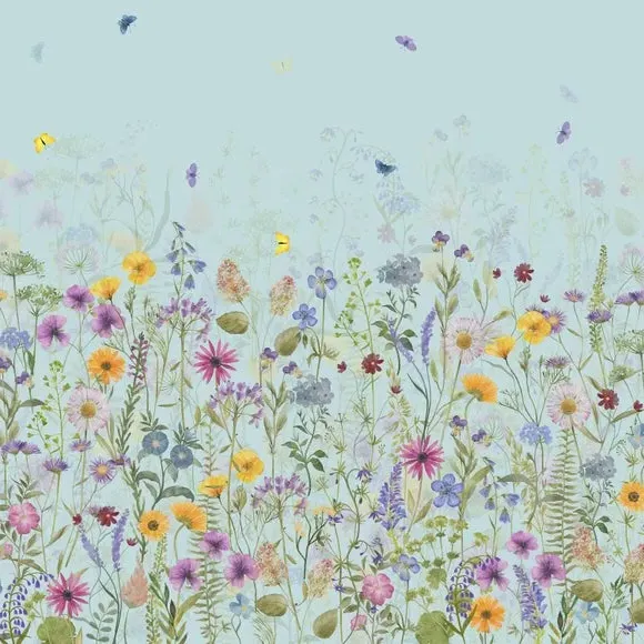 Spring Flowers Wall Mural - Duck Egg, Non-Woven