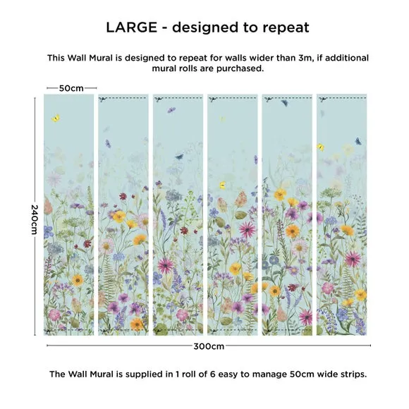 Spring Flowers Wall Mural - Duck Egg, Non-Woven