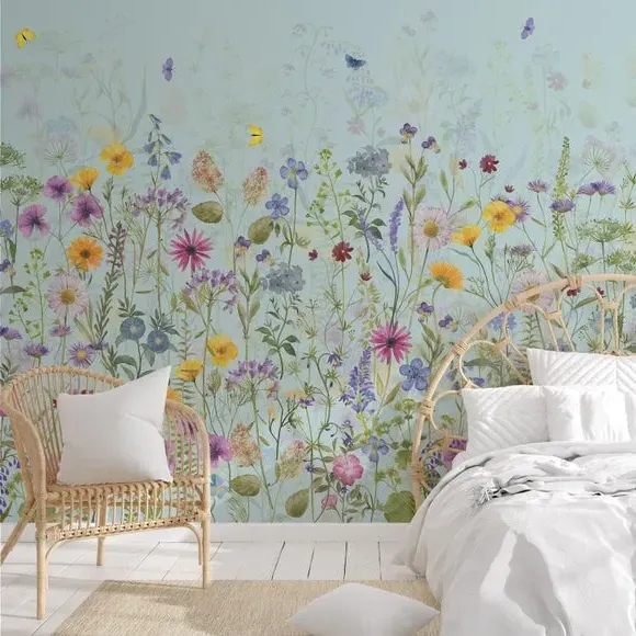 Spring Flowers Wall Mural - Duck Egg, Non-Woven image