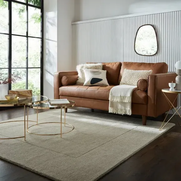 Square Border Rug with Cut Loop Pile - Natural, Wool