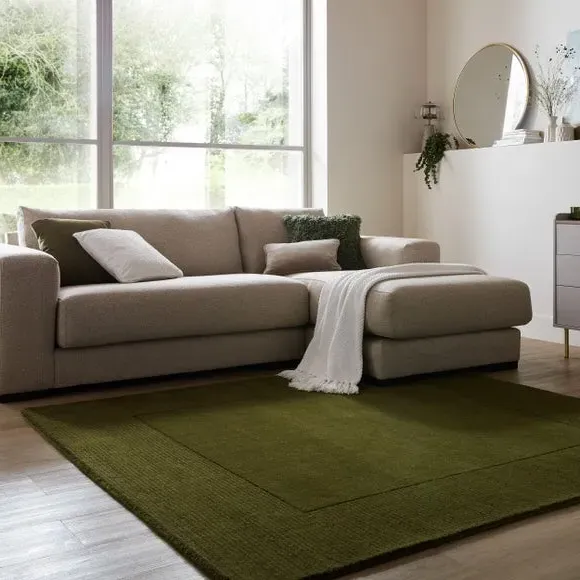 Square Border Rug with Cut Loop Pile - Olive, Wool