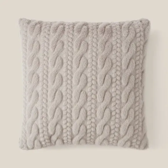 Square Cushion Cable Knit Pattern - Grey, Faux Fur