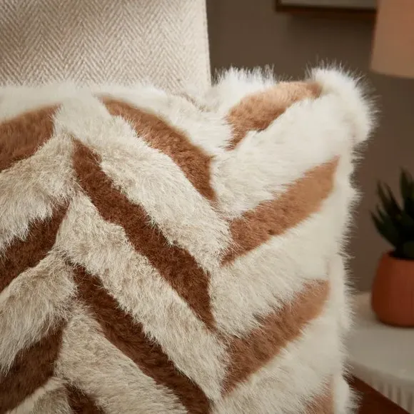 Square Cushion Chevron Pattern - Natural, Faux Fur