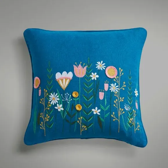 Square Cushion Cover Embroidered - Teal, Polyester