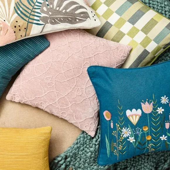 Square Cushion Cover Embroidered - Teal, Polyester