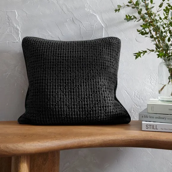 Square Cushion Cover Waffle Texture - Black, Cotton image