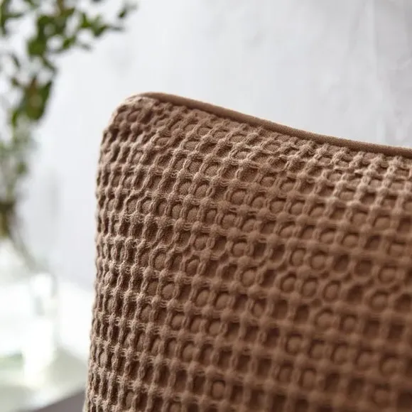 Square Cushion Cover Waffle Texture - Camel, Cotton