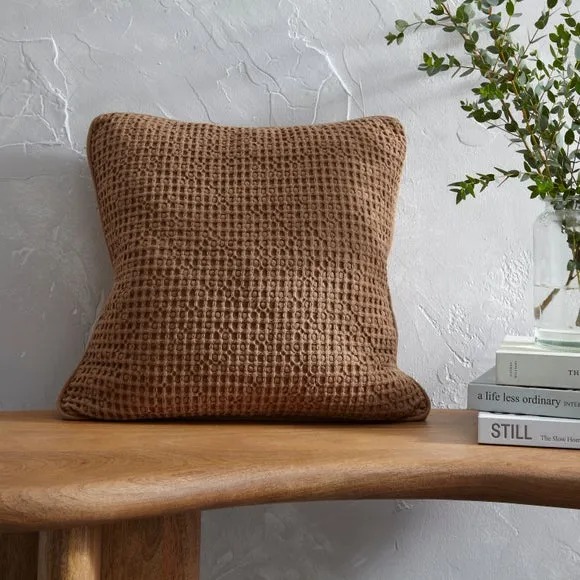 Square Cushion Cover Waffle Texture - Camel, Cotton