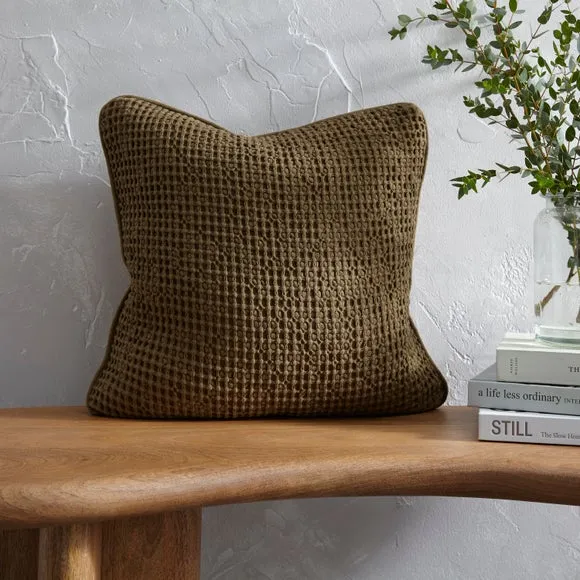 Square Cushion Cover Waffle Texture - Khaki, Cotton