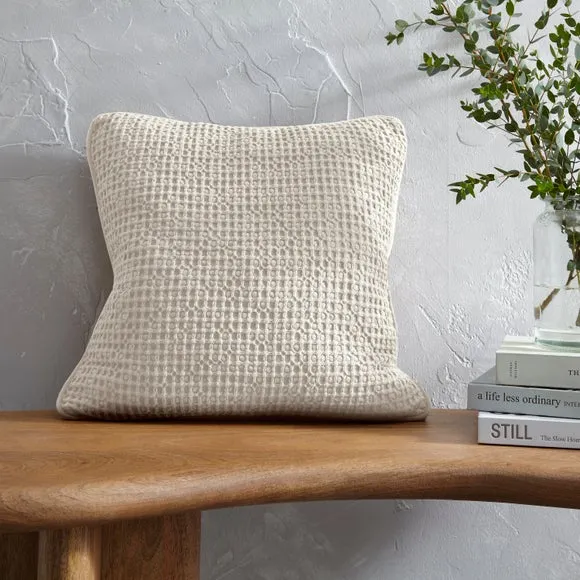 Square Cushion Cover Waffle Texture - White, Cotton