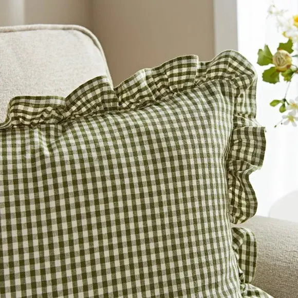 Square Cushion Cover with Frill - Olive, Cotton