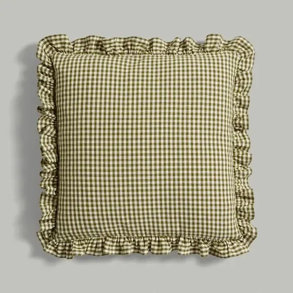 Square Cushion Cover with Frill - Olive, Cotton