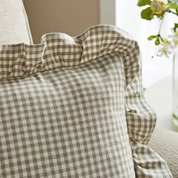 Square Cushion Cover with Frill - Stone, Cotton