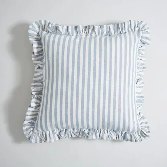 Square Cushion Cover with Frills - Blue, Cotton