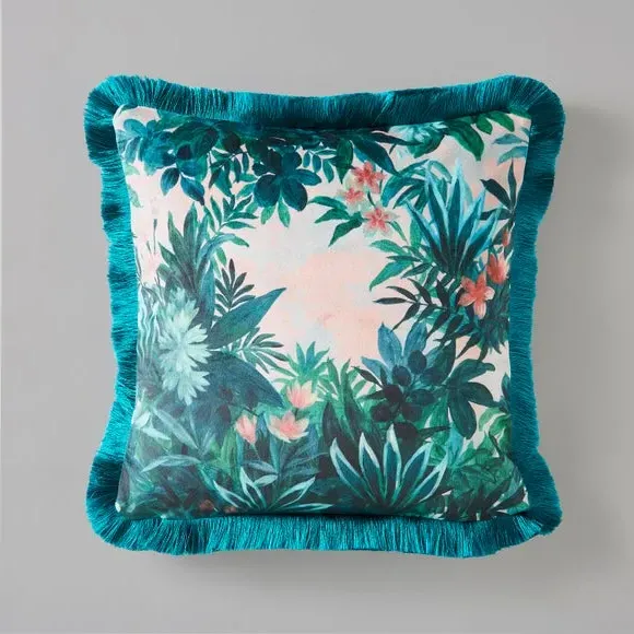 Square Cushion Cover with Fringe - Green, Polyester