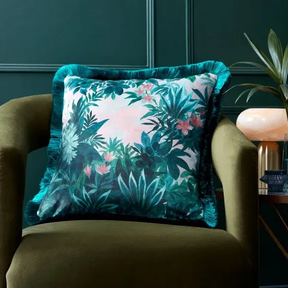 Square Cushion Cover with Fringe - Green, Polyester image