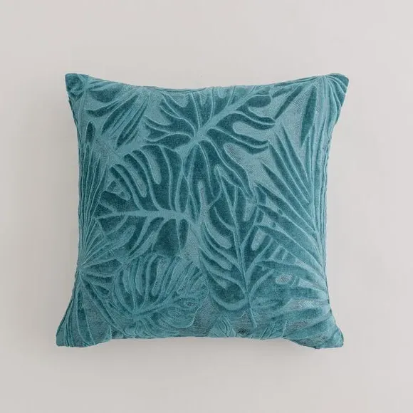 Square Cushion Cover with Leaf Pattern - Peacock