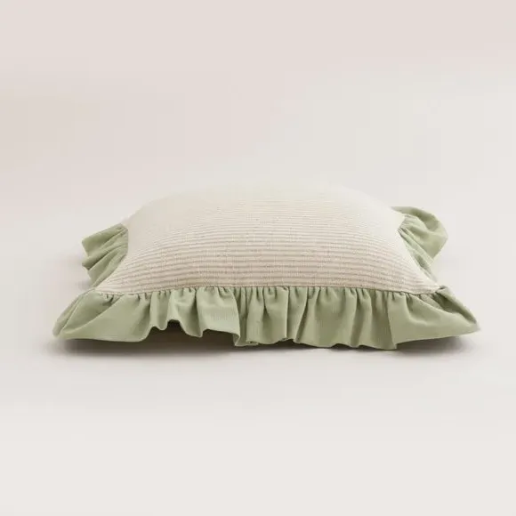 Square Cushion Cover with Ruffle - Sage, Cotton
