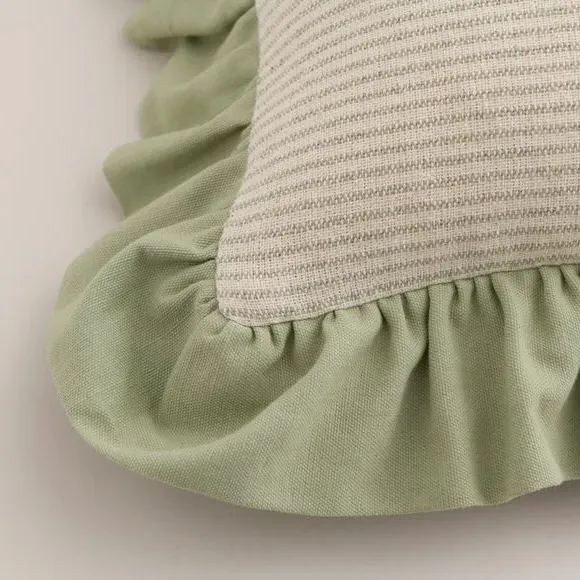 Square Cushion Cover with Ruffle - Sage, Cotton