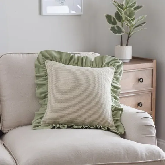 Square Cushion Cover with Ruffle - Sage, Cotton image