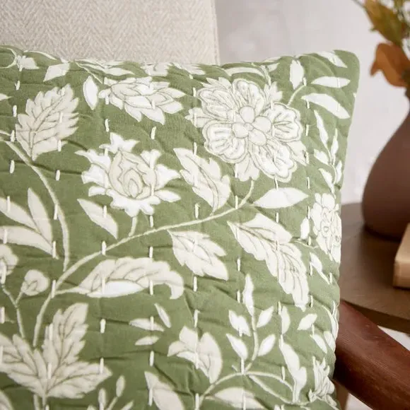 Square Cushion Cover with Zip - Green, Cotton