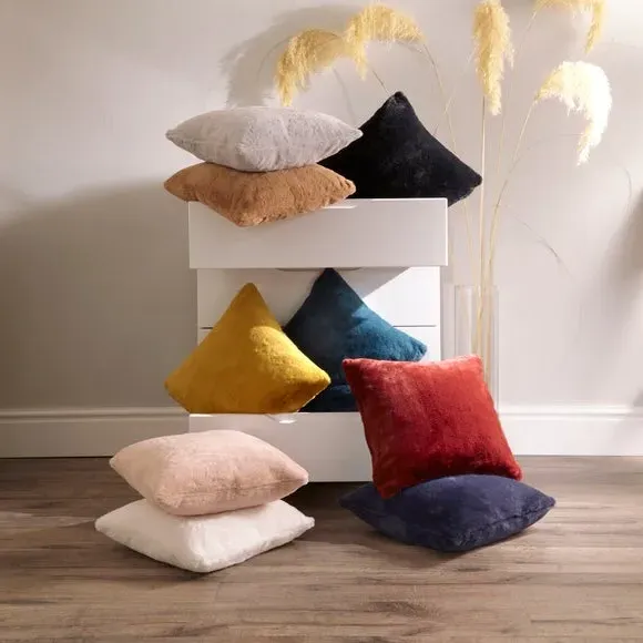 Square Cushion Cover with Zip - Navy, Faux Fur