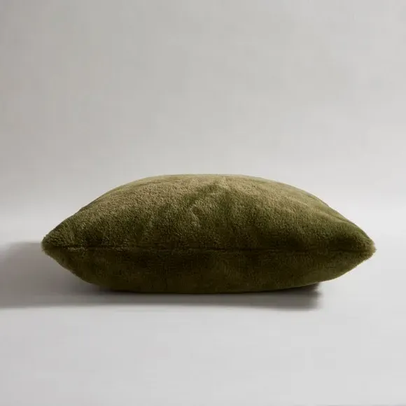 Square Cushion Cover with Zip - Olive, Faux Fur