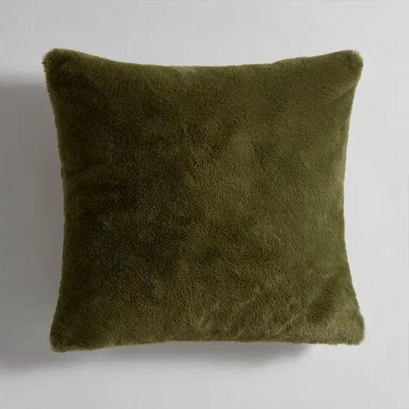 Square Cushion Cover with Zip - Olive, Faux Fur