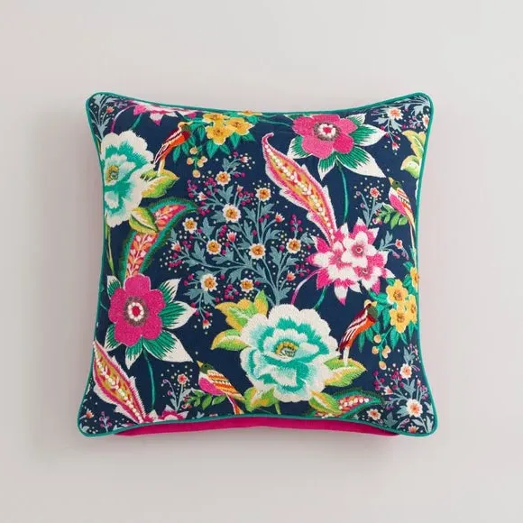 Square Cushion Embroidered Floral - Navy, Cotton