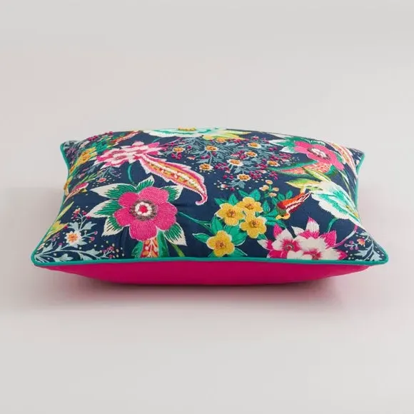 Square Cushion Embroidered Floral - Navy, Cotton