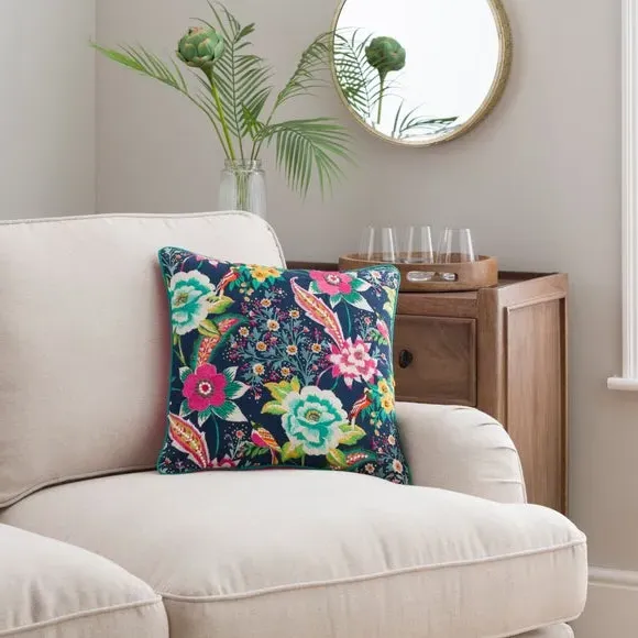 Square Cushion Embroidered Floral - Navy, Cotton image