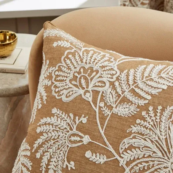 Square Cushion Embroidered - Ochre, Polyester