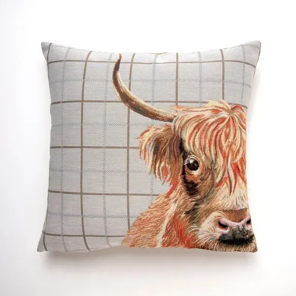 Square Cushion Highland Cow Print - White image