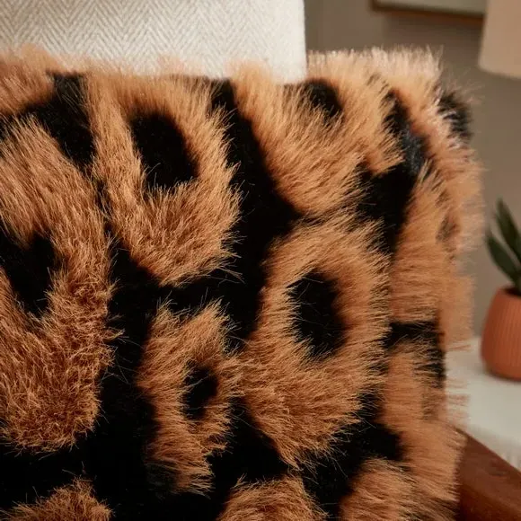 Square Cushion Leopard Print - Natural, Faux Fur