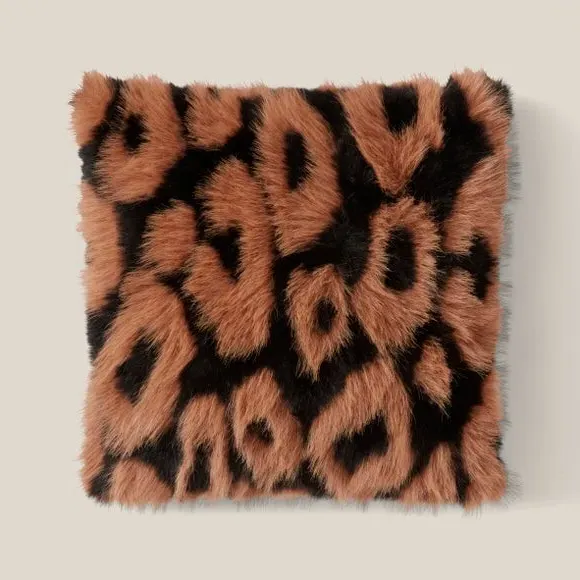 Square Cushion Leopard Print - Natural, Faux Fur