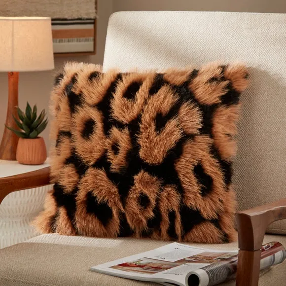 Square Cushion Leopard Print - Natural, Faux Fur