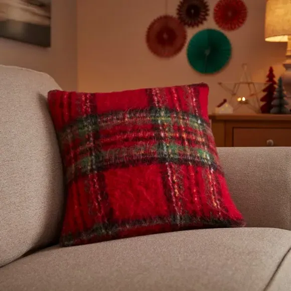 Square Cushion Tartan Pattern - Red, Mohair image