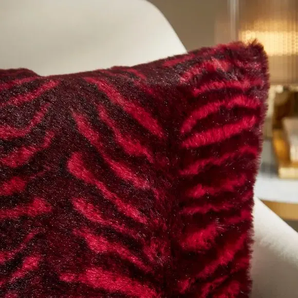 Square Cushion Tiger Print - Red, Faux Fur