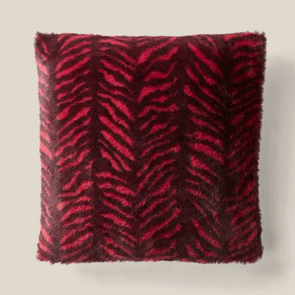Square Cushion Tiger Print - Red, Faux Fur
