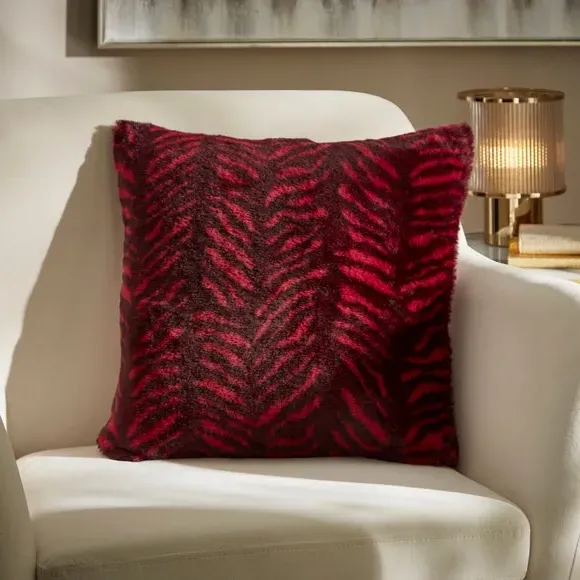 Square Cushion Tiger Print - Red, Faux Fur image