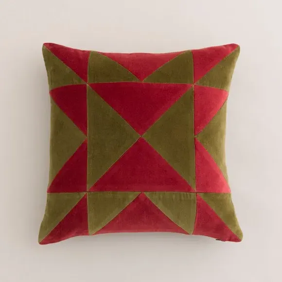 Square Cushion Triangle Patchwork - Olive, Velvet