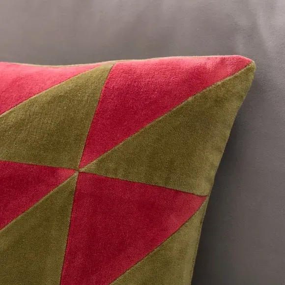 Square Cushion Triangle Patchwork - Olive, Velvet