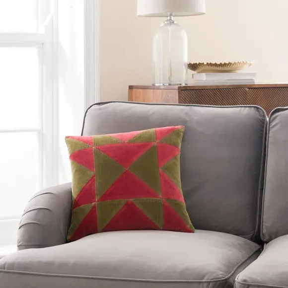 Square Cushion Triangle Patchwork - Olive, Velvet