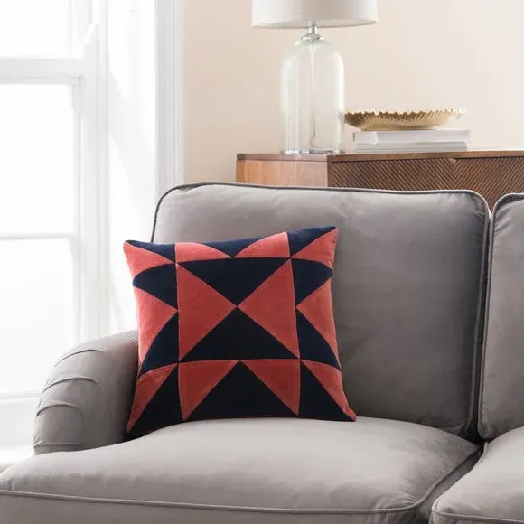 Square Cushion Triangle Patchwork - Red, Velvet