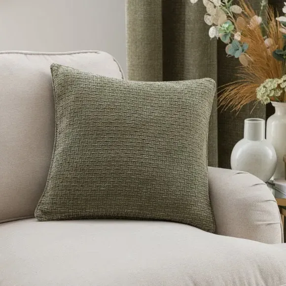 Square Cushion with Basketweave - Olive, Chenille