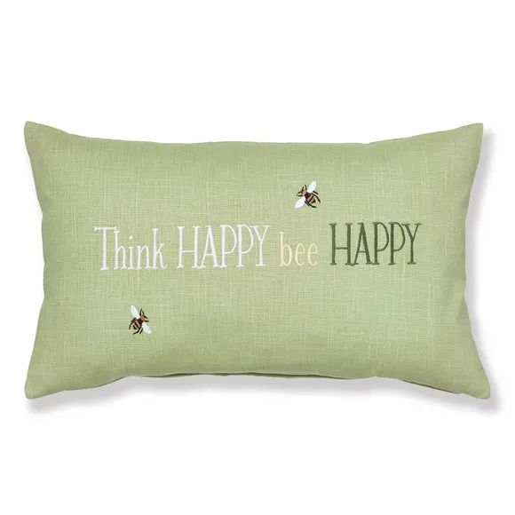 Square Cushion with Bee Print - Green, Cotton